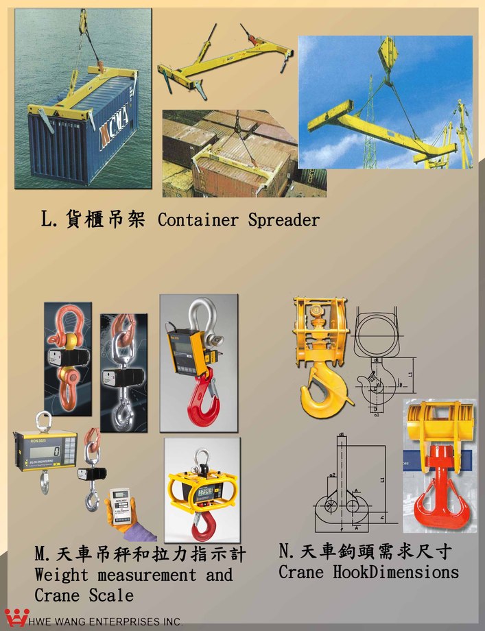 L.貨櫃吊架 Container Spreader M.天車吊秤和拉力指示計 Weight measurement and Crane Scale N.天車鉤頭需求尺寸 Crane Hook Dimensions